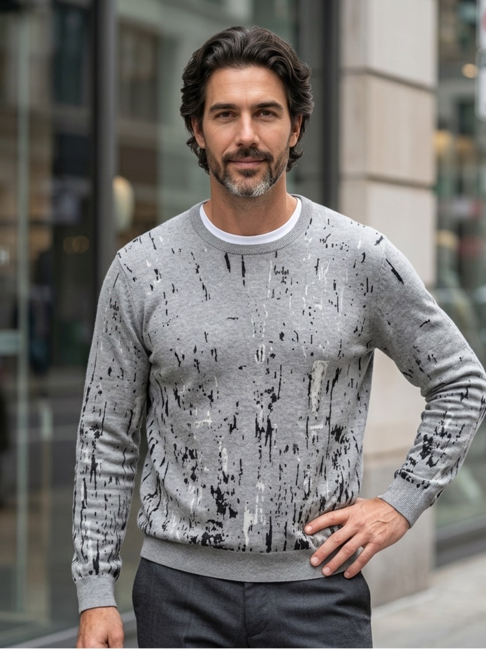 Alfani Grey Black Abstract Crewneck Sweater Size Small